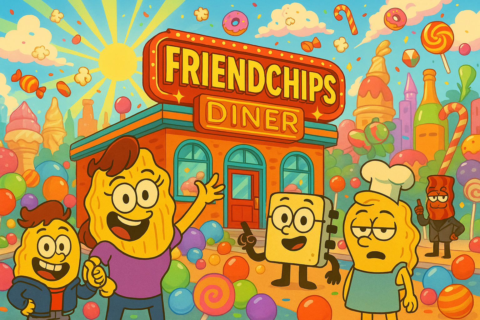 Friendchips Diner in a candy-colored city